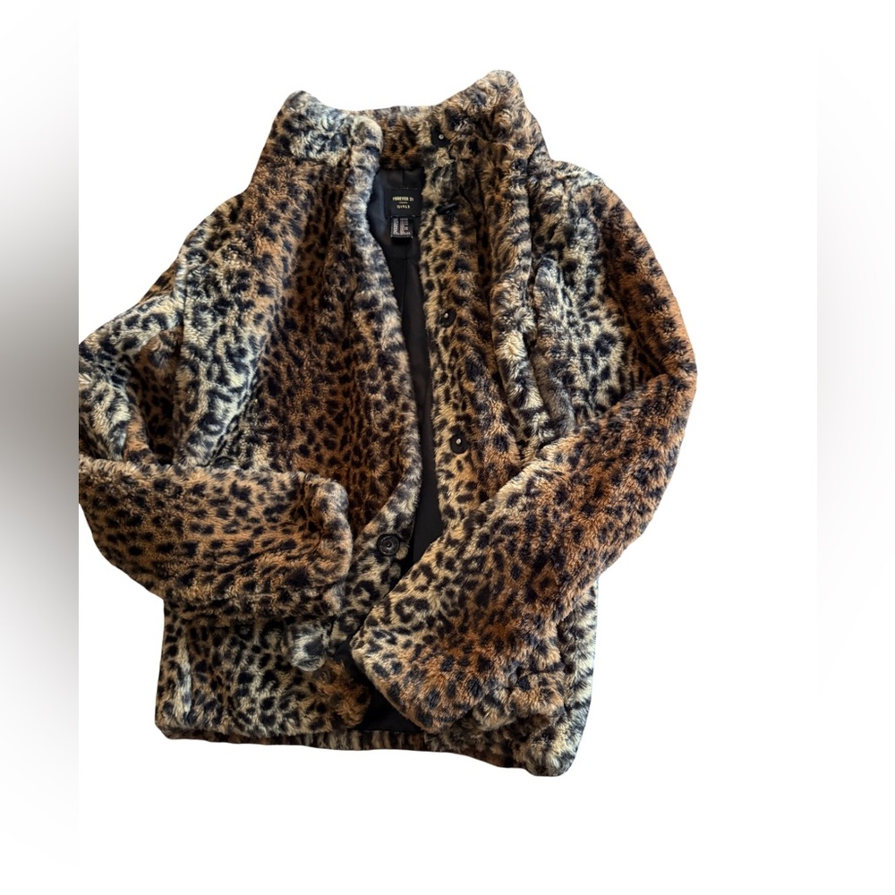 Forever 21 Girls Leopard Faux Fur Jacket - Brown & Black